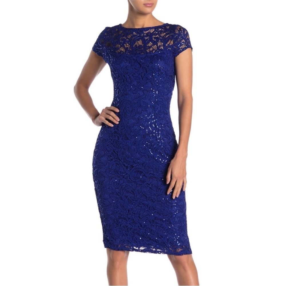 NEW Marina Sequin Lace Sheath Dress Cobalt 12